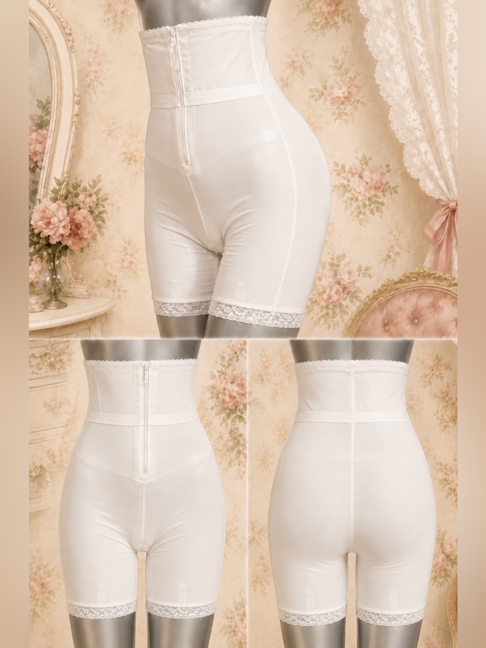 VINTAGE 80s longline girdle slimming lingerie shapewear zipper front lace shorts